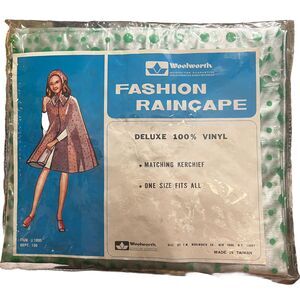 Vtg Retro Raincape & Kerchief Vinyl Clear Green Polka Dots Woolworth’s Primstyle